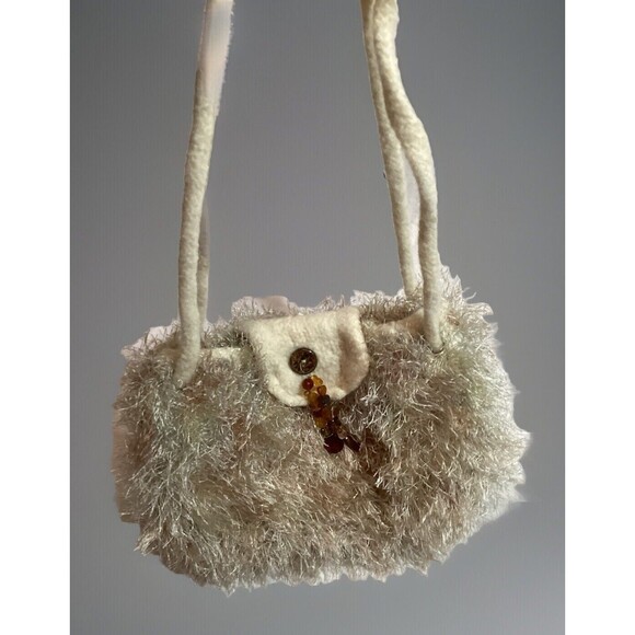 Handmade Felted Cream Wool Purse Bag Oatmeal Color Bronze Fluffy Boho Accent - Picture 2 of 13